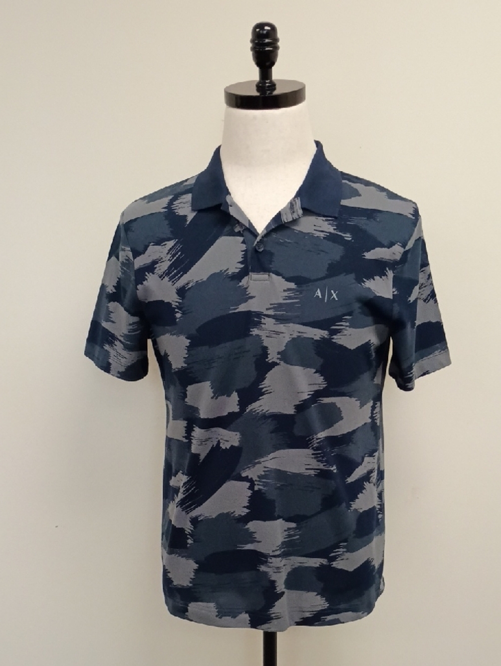 A|X Armani Exchange Camo Polo Shirt Navy Gray Logo Short Sleeve Size Small